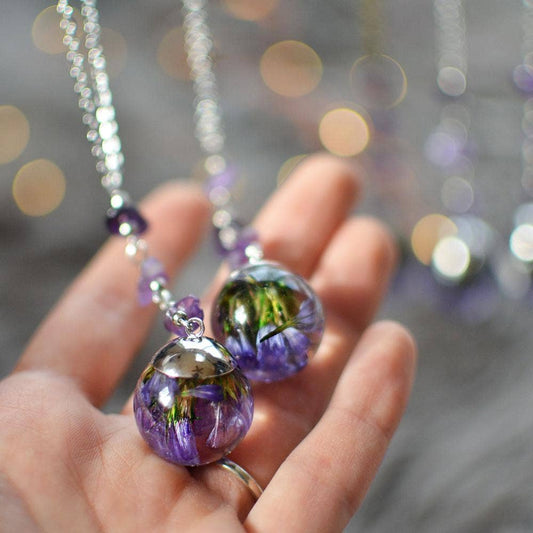 Purple Sea Lavender - Silver Sphere Necklace - La De Da