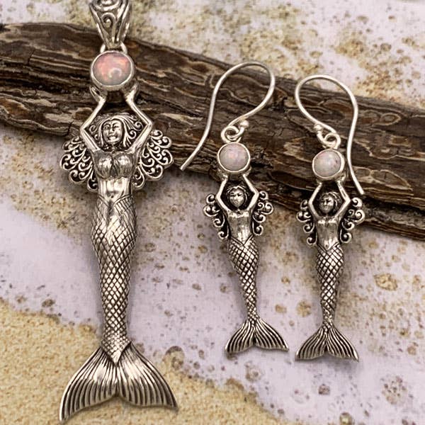 Sterling Silver Goddess Mermaid Earrings Gemstone Accent - White Opal