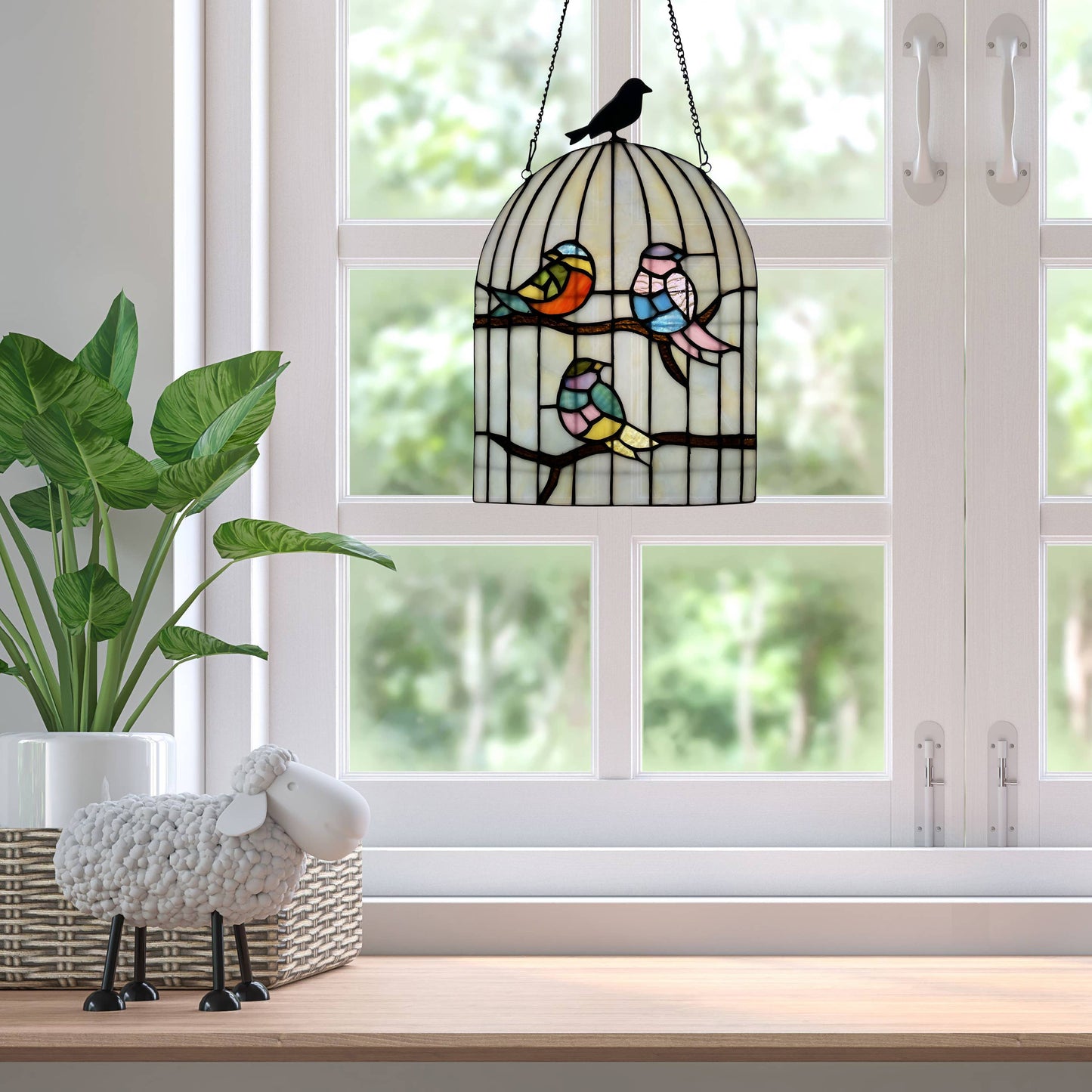 Bird Cage Stained Glass Window Panel - La De Da