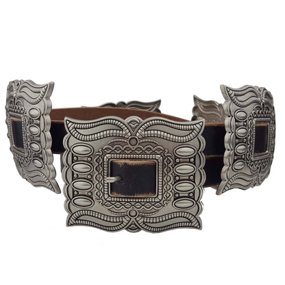 Western Silver Rectangular Concho Leather Belt - Black