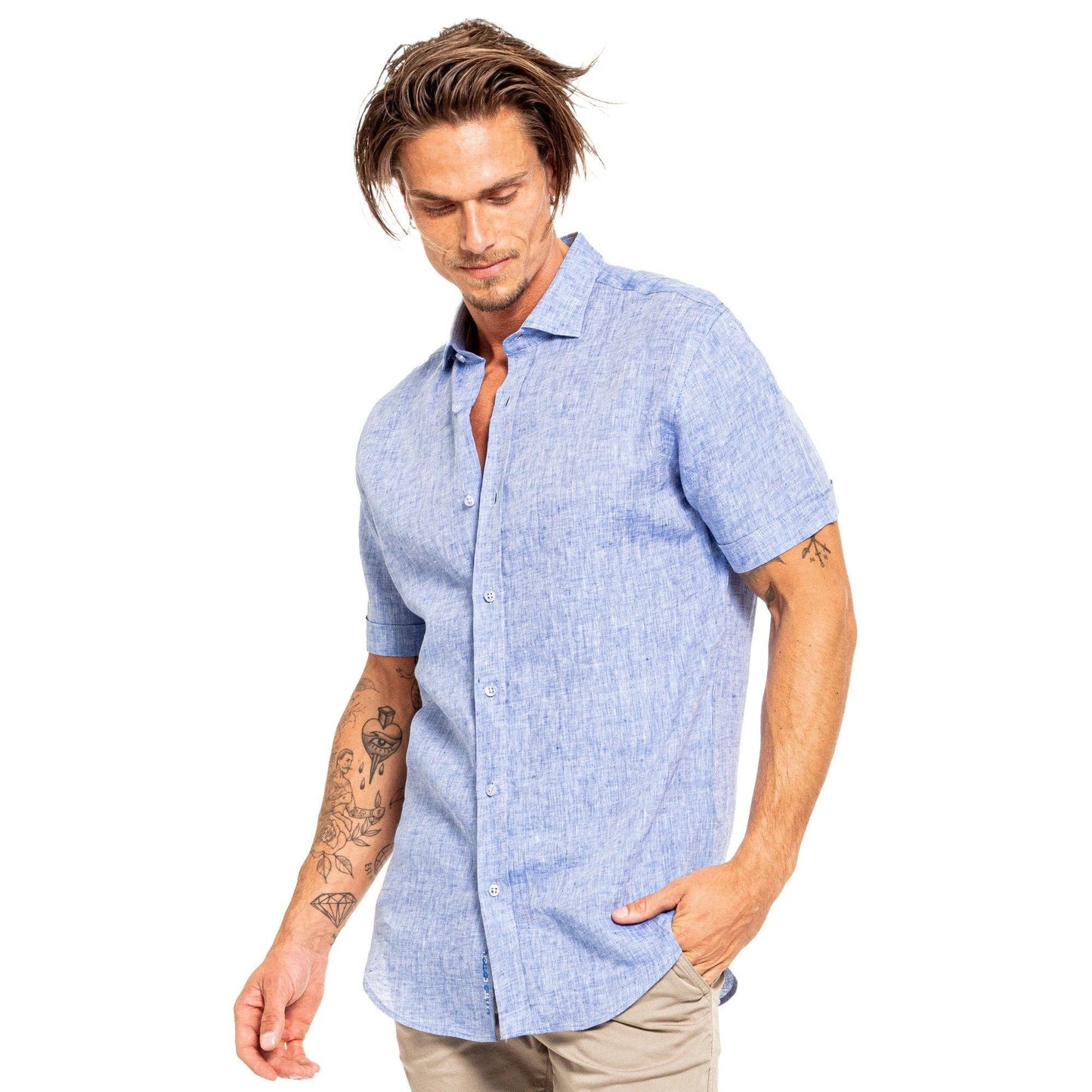Linen Short Sleeve Shirt - Blue - La De Da