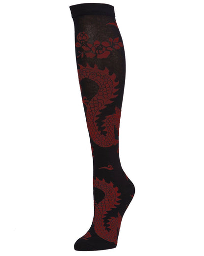 Natori Dragon Cotton Blend Knee High Sock - Black-Rhubarb