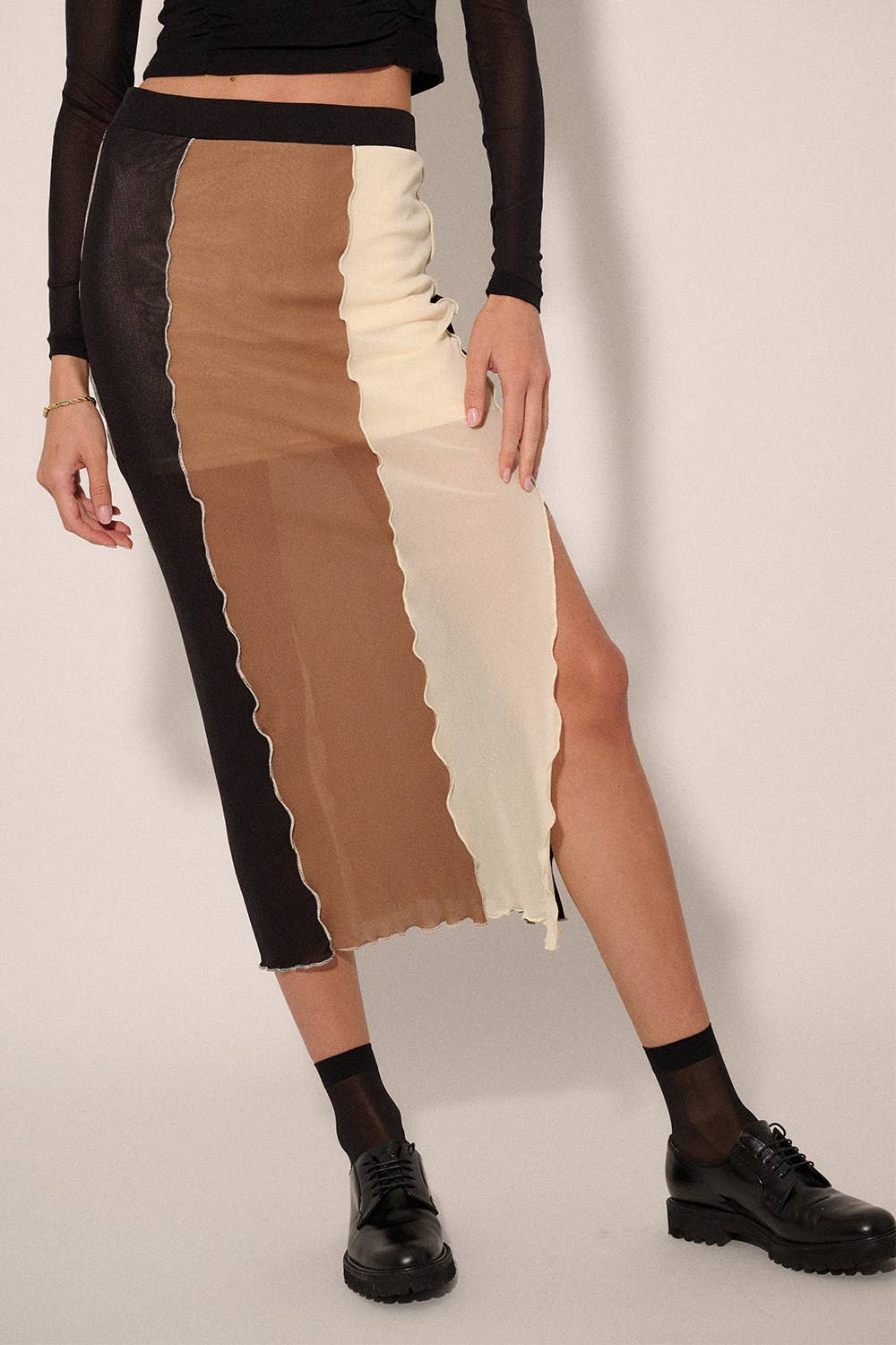 Colorblock Mesh Exposed-Seam Midi Skirt - La De Da