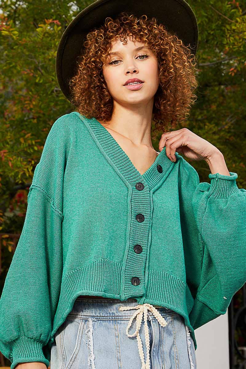 V-neck Dropped Shoulder Relaxed Fit Cardigan - Irish Green - La De Da